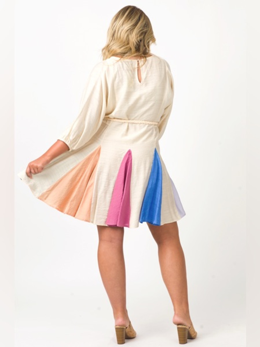 ODDI Rainbow Colorblock Panel Belted Swing Mini Dress - Picture 7 of 11